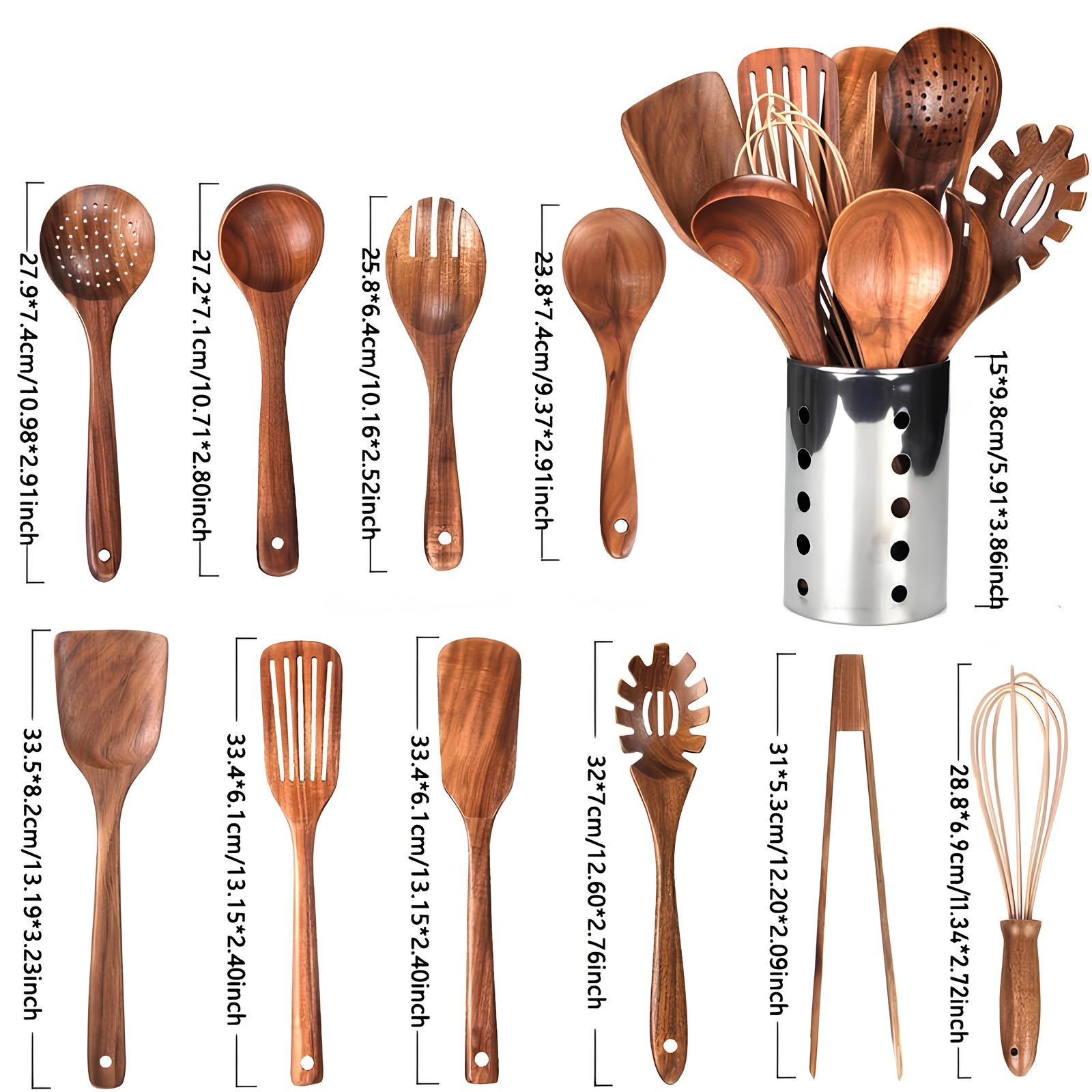 Kitchen Utensil Set Teak Wood 11 Piece Natural Cooking Tools Holder Non Stick Kitchen Accessories | Thomler