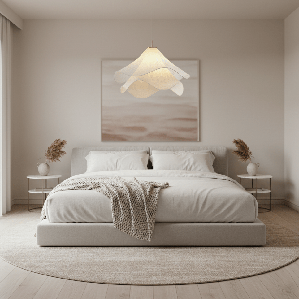 Fabric Pendant Light 23.6 in Diameter White Blooming Design Ceiling Dining Living Room Bedroom Hanging Lamp Adjustable Height | Thomler