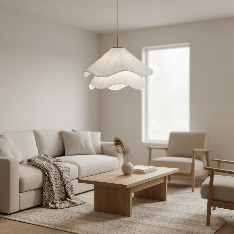 Fabric Pendant Light 23.6 in Diameter White Blooming Design Ceiling Dining Living Room Bedroom Hanging Lamp Adjustable Height | Thomler