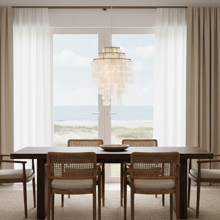 Tiered Oceanic Shell Disc Pendant with LED Illumination – Cascading Statement Fixture for High Ceilings | Thomler