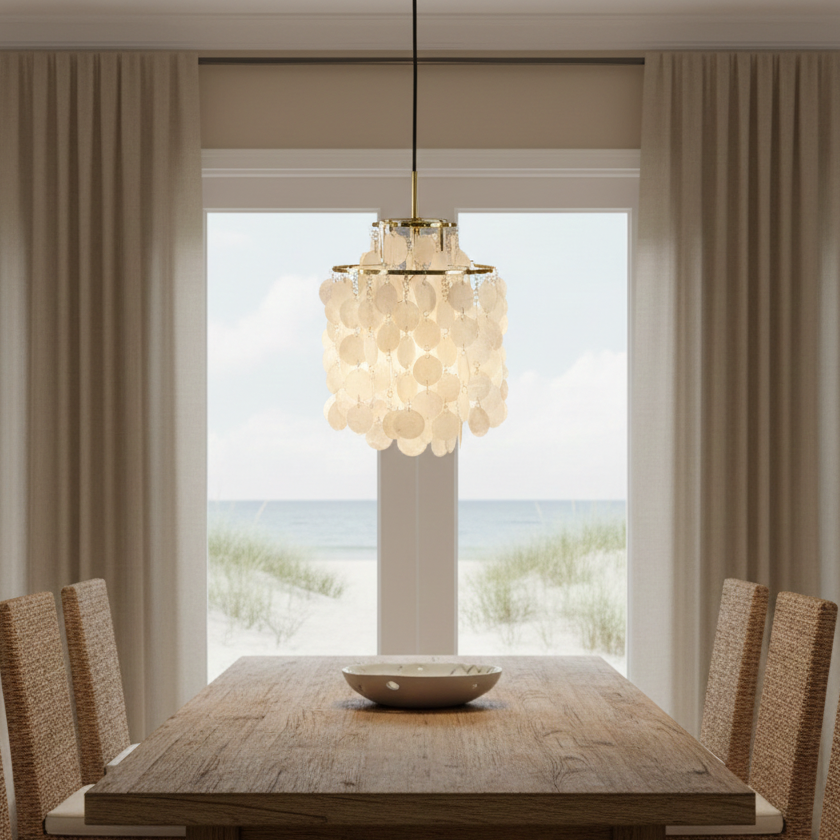 Tiered Oceanic Shell Disc Pendant with LED Illumination – Cascading Statement Fixture for High Ceilings | Thomler