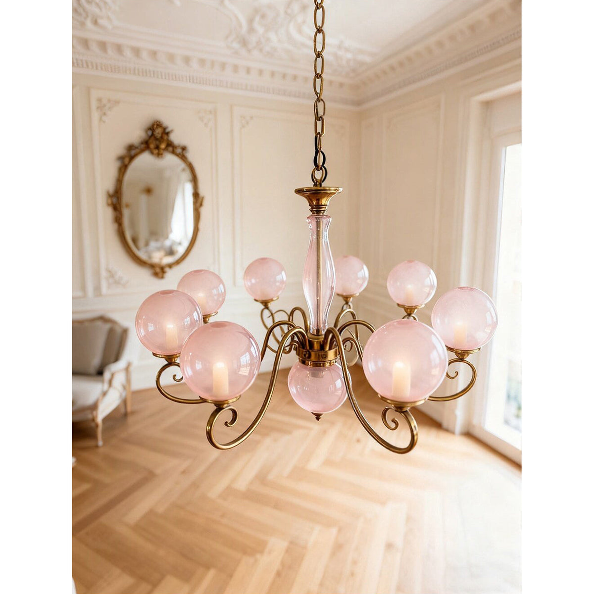 Handcrafted Glass Globe Chandelier with Aged Brass Frame – Multi-Arm Mid-Century Statement Light Fixture | Thomler