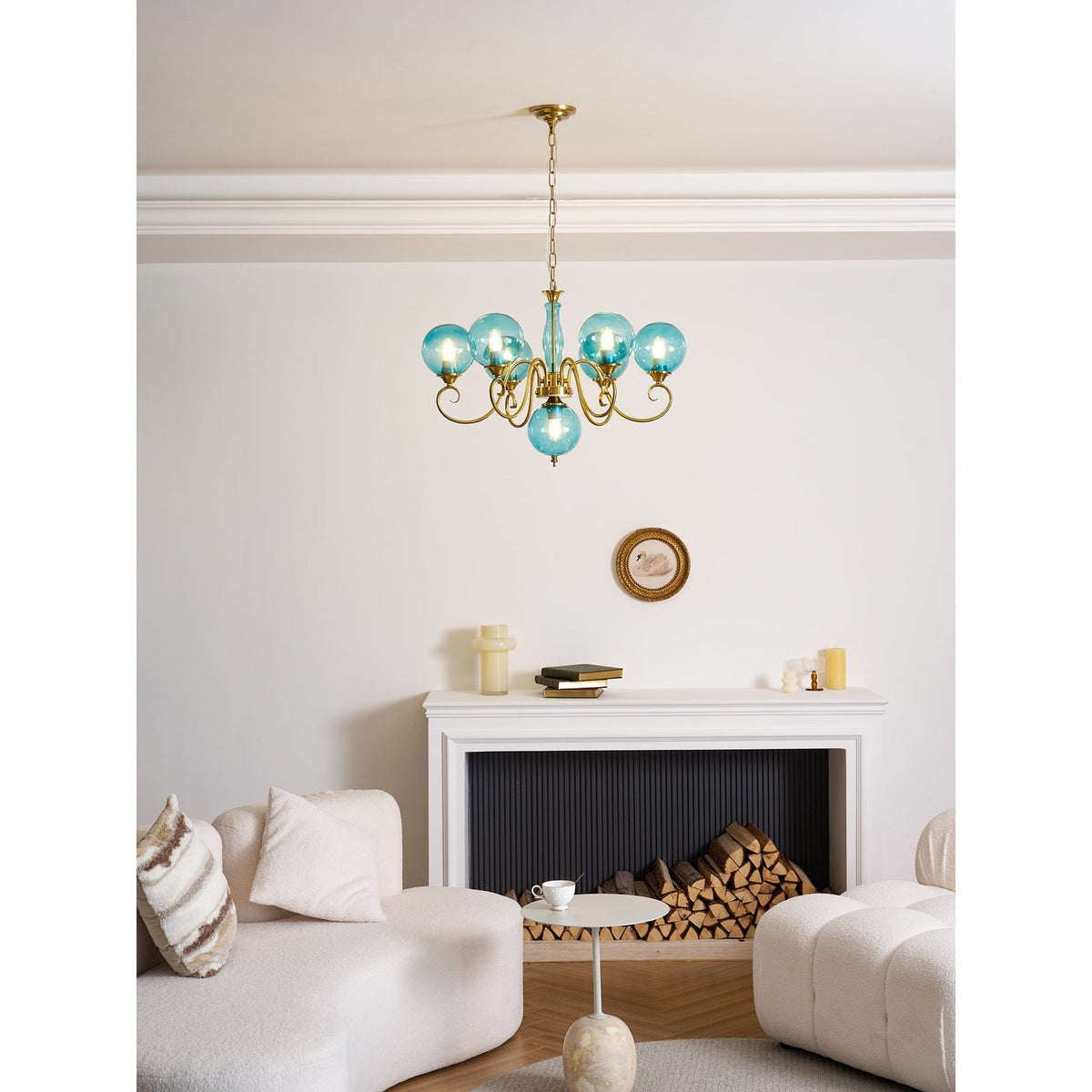 Handcrafted Glass Globe Chandelier with Aged Brass Frame – Multi-Arm Mid-Century Statement Light Fixture | Thomler