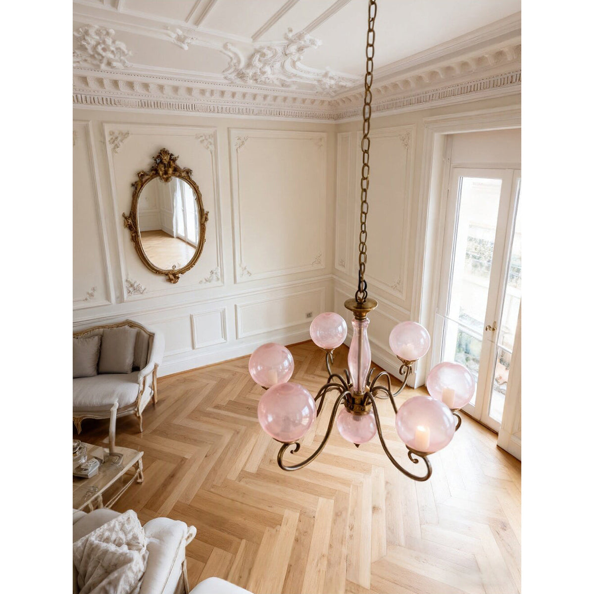 Handcrafted Glass Globe Chandelier with Aged Brass Frame – Multi-Arm Mid-Century Statement Light Fixture | Thomler