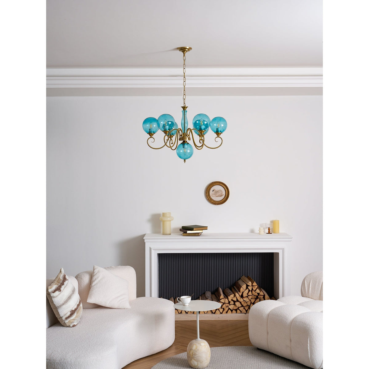 Handcrafted Glass Globe Chandelier with Aged Brass Frame – Multi-Arm Mid-Century Statement Light Fixture | Thomler