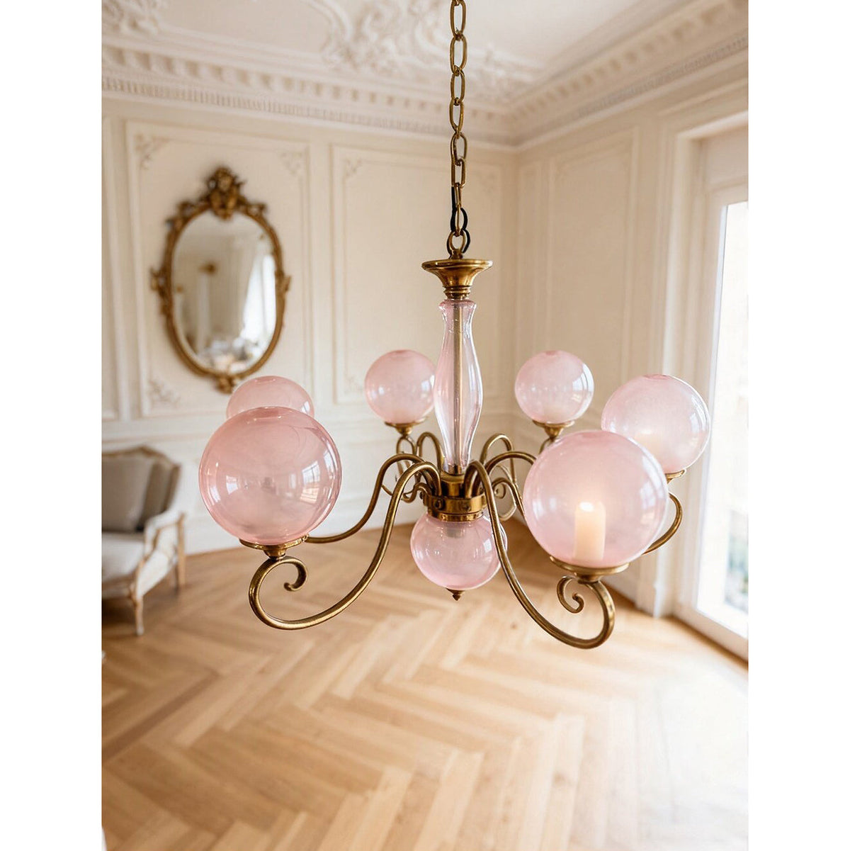 Handcrafted Glass Globe Chandelier with Aged Brass Frame – Multi-Arm Mid-Century Statement Light Fixture | Thomler