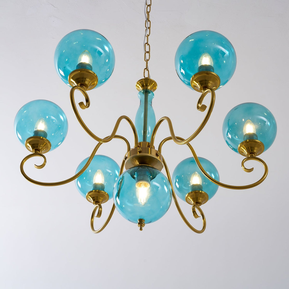 Handcrafted Glass Globe Chandelier with Aged Brass Frame – Multi-Arm Mid-Century Statement Light Fixture | Thomler