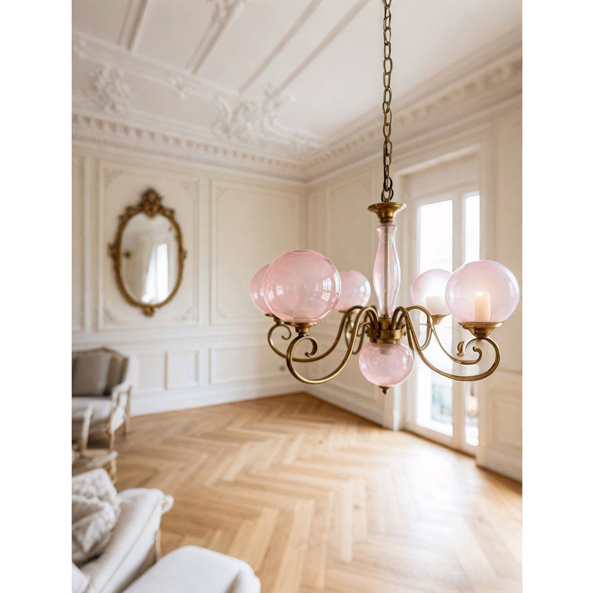 Handcrafted Glass Globe Chandelier with Aged Brass Frame – Multi-Arm Mid-Century Statement Light Fixture | Thomler
