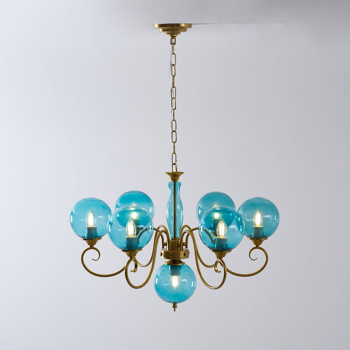 Handcrafted Glass Globe Chandelier with Aged Brass Frame – Multi-Arm Mid-Century Statement Light Fixture | Thomler