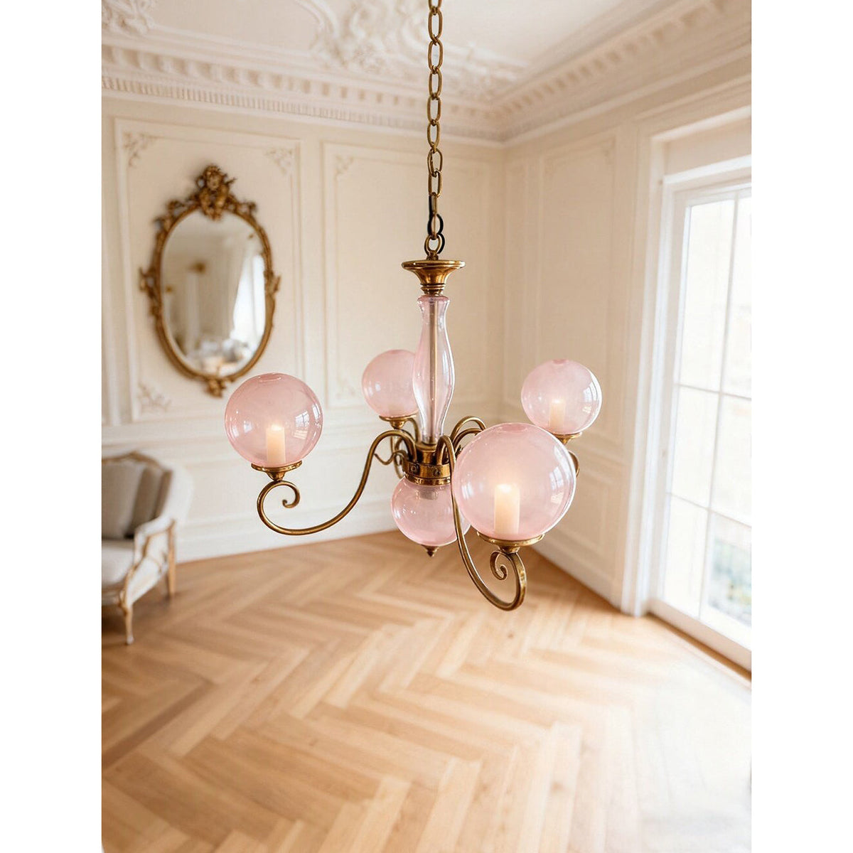 Handcrafted Glass Globe Chandelier with Aged Brass Frame – Multi-Arm Mid-Century Statement Light Fixture | Thomler