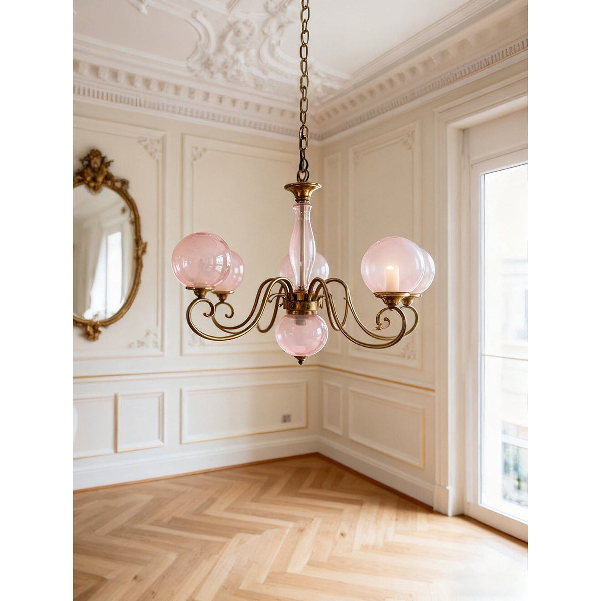 Handcrafted Glass Globe Chandelier with Aged Brass Frame – Multi-Arm Mid-Century Statement Light Fixture | Thomler