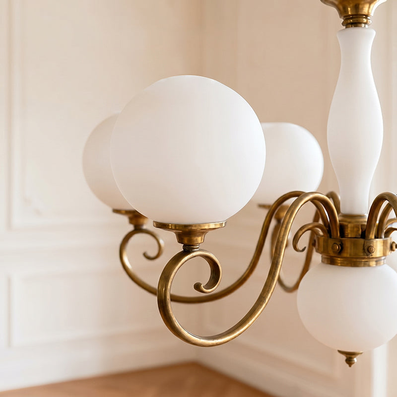 Handcrafted Glass Globe Chandelier with Aged Brass Frame – Multi-Arm Mid-Century Statement Light Fixture | Thomler