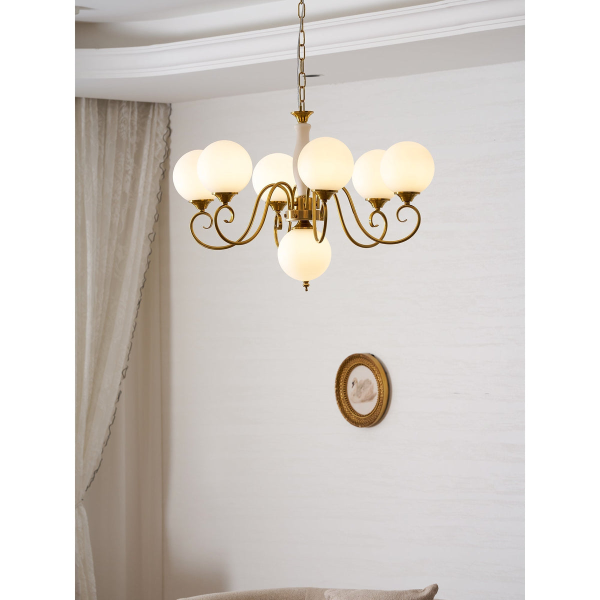 Handcrafted Glass Globe Chandelier with Aged Brass Frame – Multi-Arm Mid-Century Statement Light Fixture | Thomler