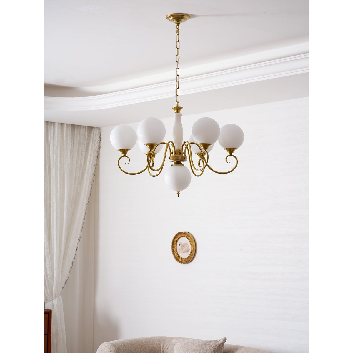 Handcrafted Glass Globe Chandelier with Aged Brass Frame – Multi-Arm Mid-Century Statement Light Fixture | Thomler