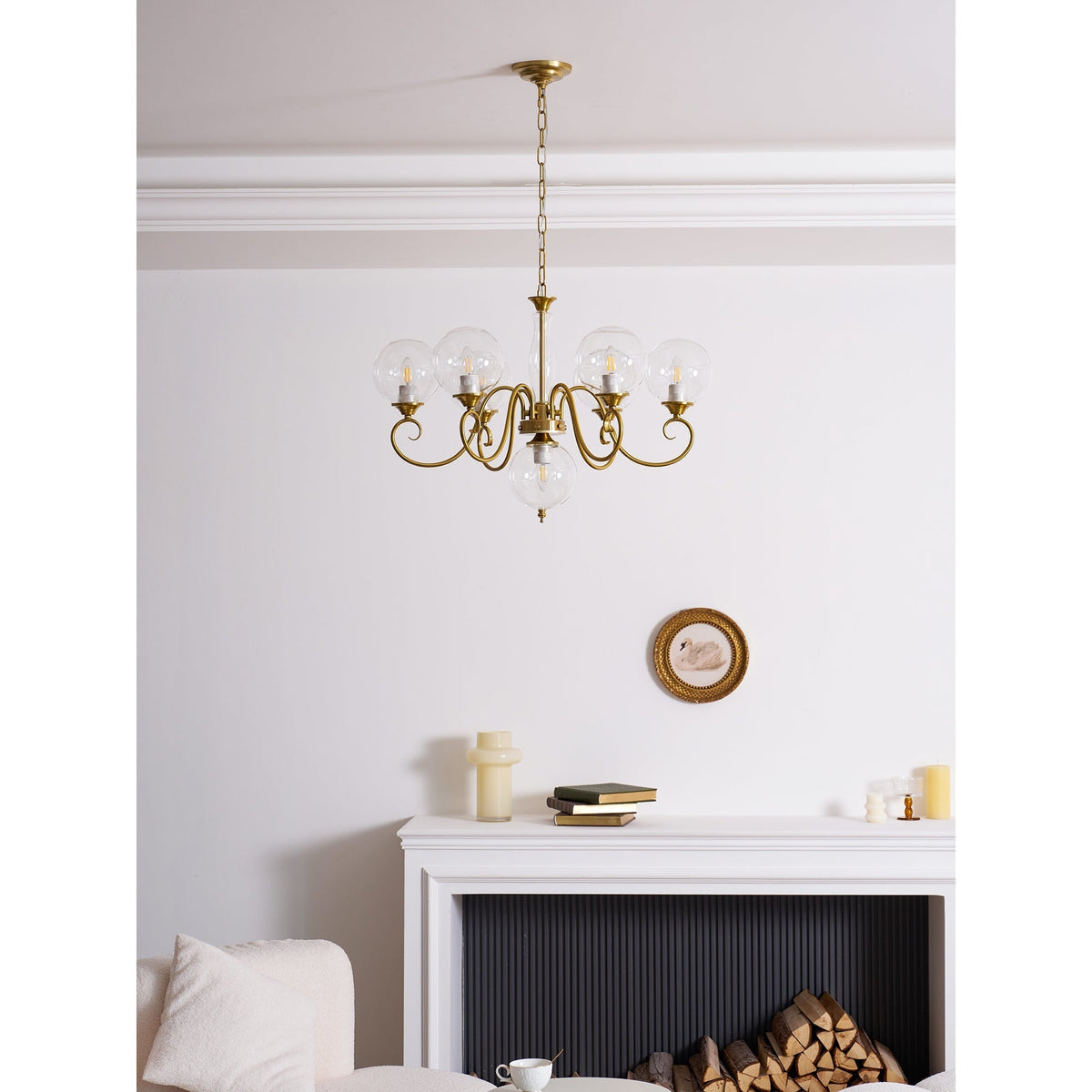 Handcrafted Glass Globe Chandelier with Aged Brass Frame – Multi-Arm Mid-Century Statement Light Fixture | Thomler
