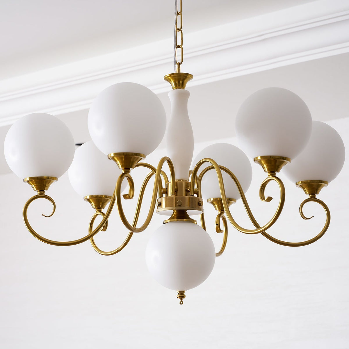 Handcrafted Glass Globe Chandelier with Aged Brass Frame – Multi-Arm Mid-Century Statement Light Fixture | Thomler