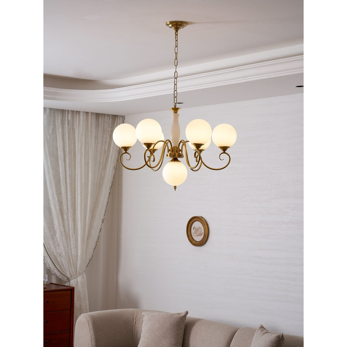 Handcrafted Glass Globe Chandelier with Aged Brass Frame – Multi-Arm Mid-Century Statement Light Fixture | Thomler