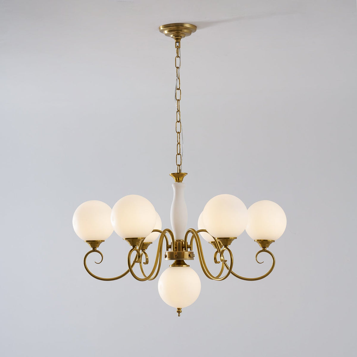 Handcrafted Glass Globe Chandelier with Aged Brass Frame – Multi-Arm Mid-Century Statement Light Fixture | Thomler