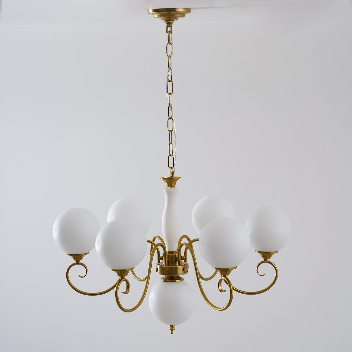 Handcrafted Glass Globe Chandelier with Aged Brass Frame – Multi-Arm Mid-Century Statement Light Fixture | Thomler