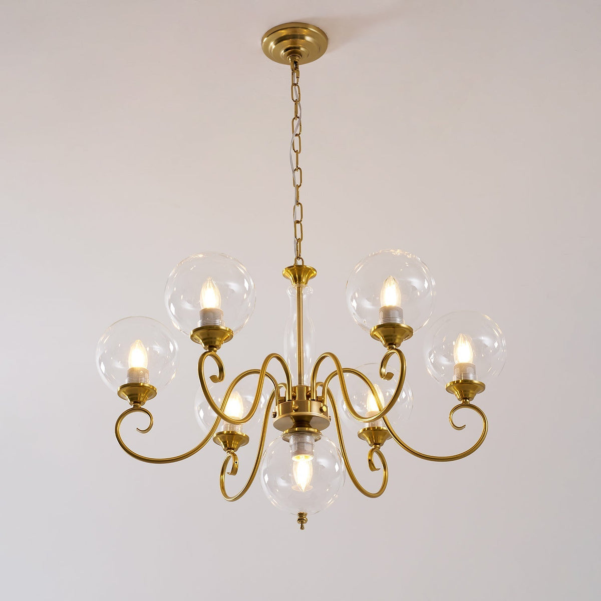 Handcrafted Glass Globe Chandelier with Aged Brass Frame – Multi-Arm Mid-Century Statement Light Fixture | Thomler