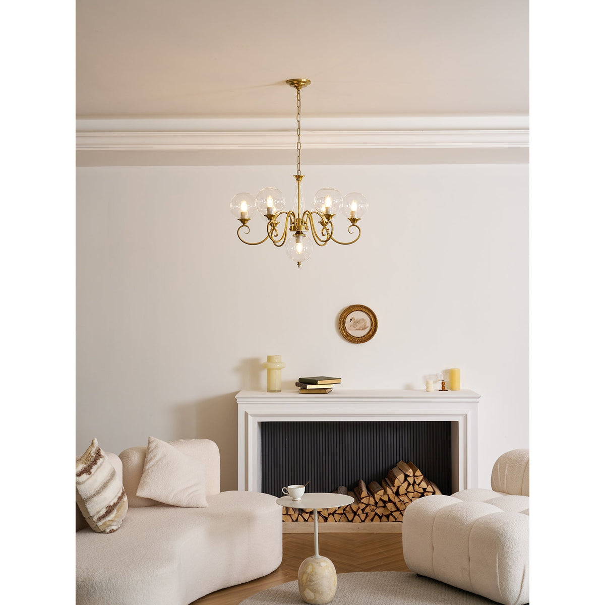 Handcrafted Glass Globe Chandelier with Aged Brass Frame – Multi-Arm Mid-Century Statement Light Fixture | Thomler