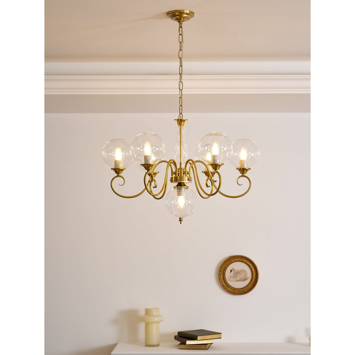 Handcrafted Glass Globe Chandelier with Aged Brass Frame – Multi-Arm Mid-Century Statement Light Fixture | Thomler