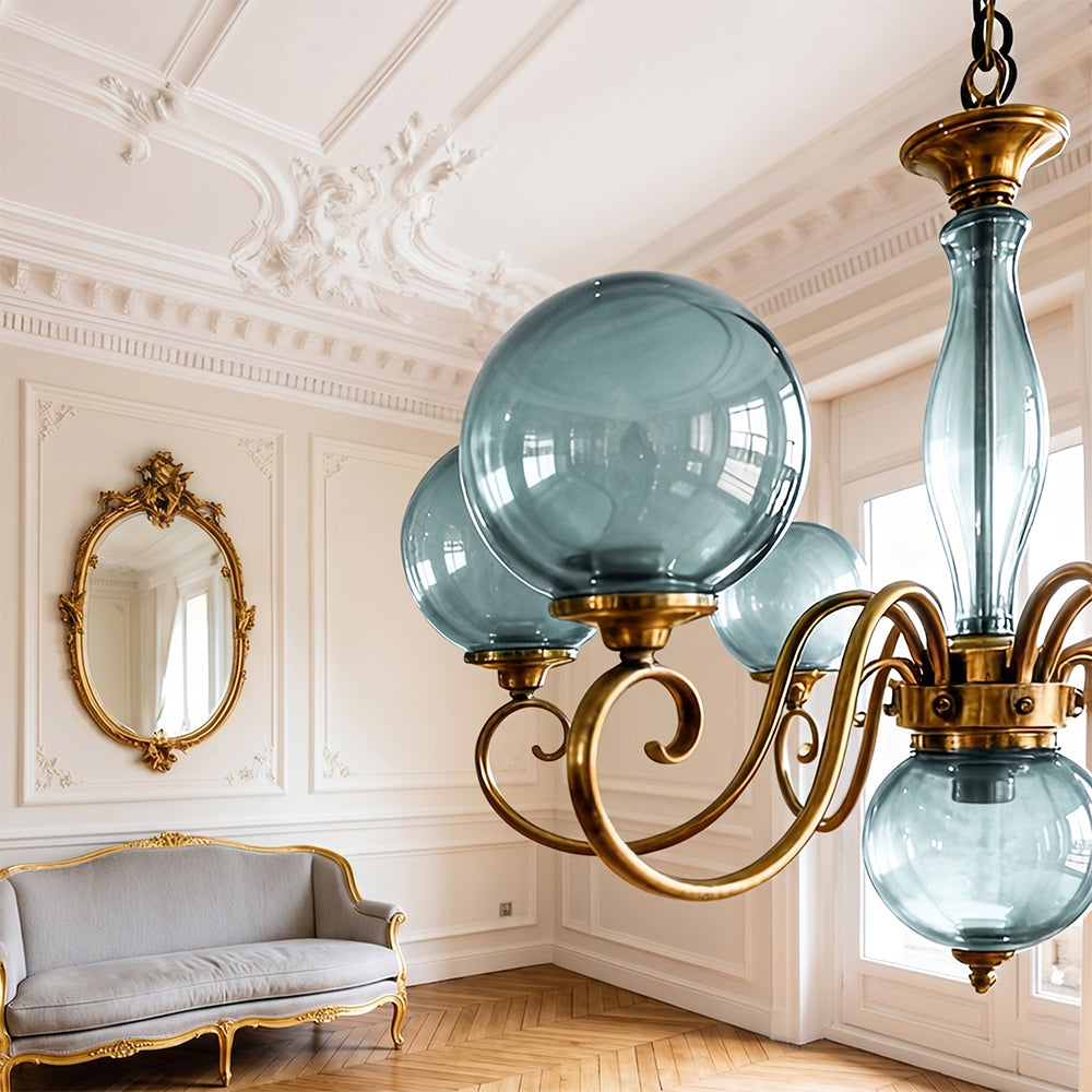 Handcrafted Glass Globe Chandelier with Aged Brass Frame – Multi-Arm Mid-Century Statement Light Fixture | Thomler