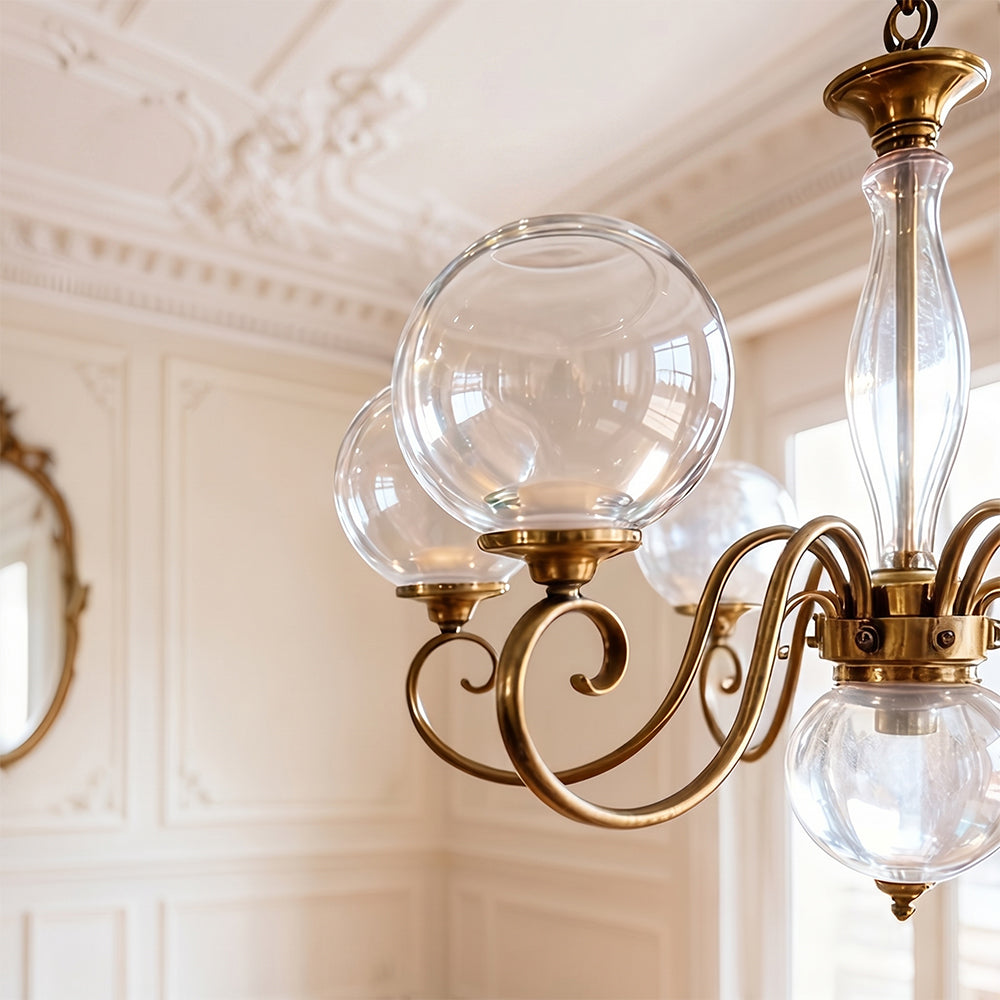 Handcrafted Glass Globe Chandelier with Aged Brass Frame – Multi-Arm Mid-Century Statement Light Fixture | Thomler