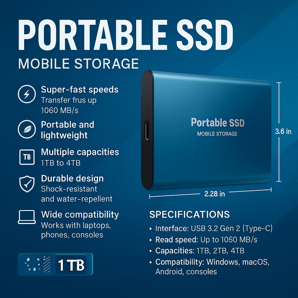 Portable External SSD Drive 128GB USB-C Aluminum Storage for PC Mac Laptop PS5 Xbox Smartphone Fast Transfer Speed Plug and Play Compact Sol | Thomler