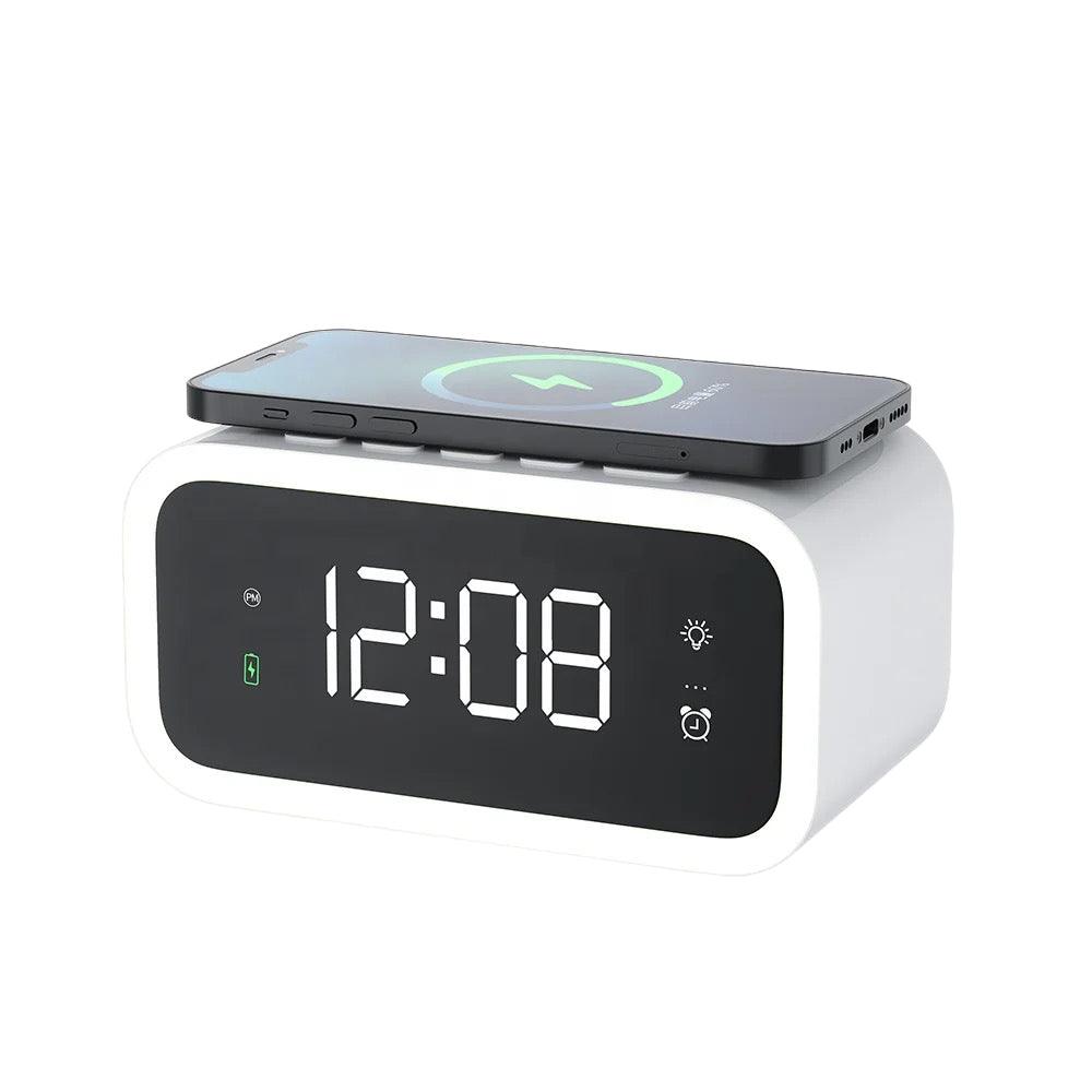 LED Nightstand Clock with Built-In Qi Phone Charger – Dimmable Display & Touch Snooze for Bedroom, Office & Travel | Thomler