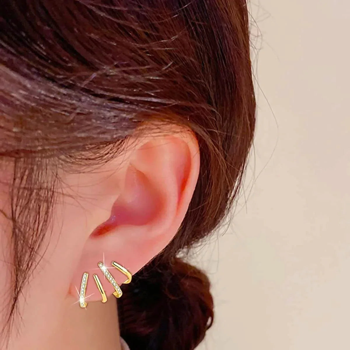 Multi-Hoop Ear Crawler Studs with Cubic Zirconia – Four-Band Layered Earrings for Women – Elegant Stacked Hoop Look Without Extra Piercings | Thomler