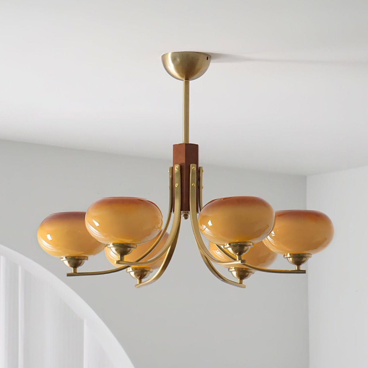 Amber Globe Multi-Light Ceiling Fixture with Walnut Accents – Modern Suspended Orb Lighting for Dining Room & Entryway | Thomler