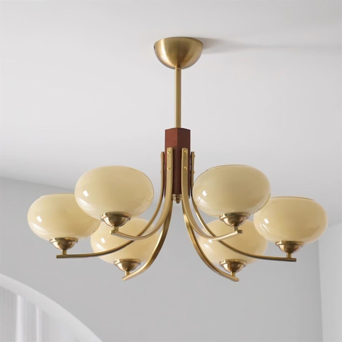 Amber Globe Multi-Light Ceiling Fixture with Walnut Accents – Modern Suspended Orb Lighting for Dining Room & Entryway | Thomler
