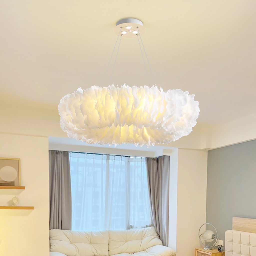 Pendant Light Feather Ring 19.7 in Adjustable Pink Bedroom Ceiling Lamp Soft Fluffy Nordic Minimalist Lighting | Thomler