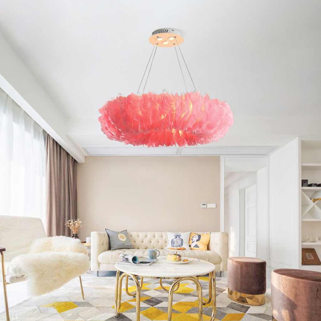 Pendant Light Feather Ring 19.7 in Adjustable Pink Bedroom Ceiling Lamp Soft Fluffy Nordic Minimalist Lighting | Thomler