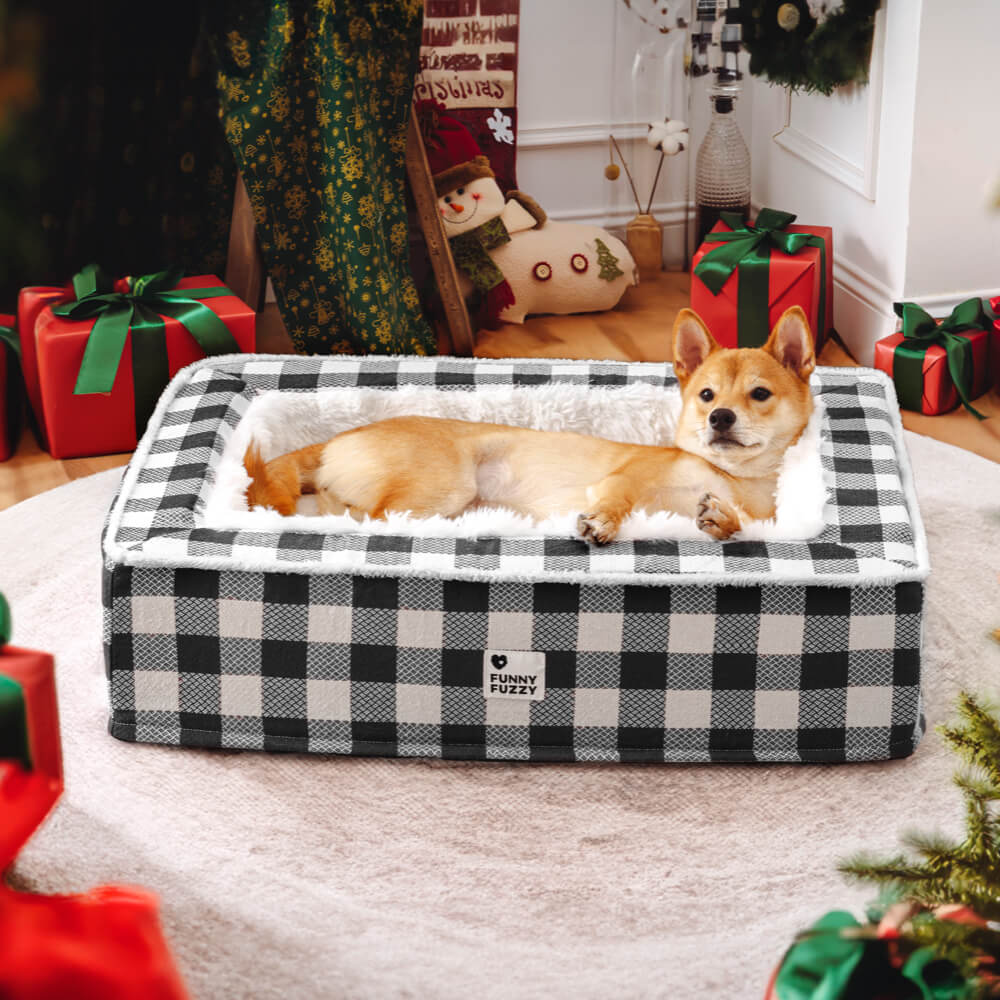 Plaid Raised-Edge Dog Bed with Memory Foam Bolster Support for Calming Sleep | Small to Extra Large Sizes | Classic Checkered Pattern Pet | Thomler