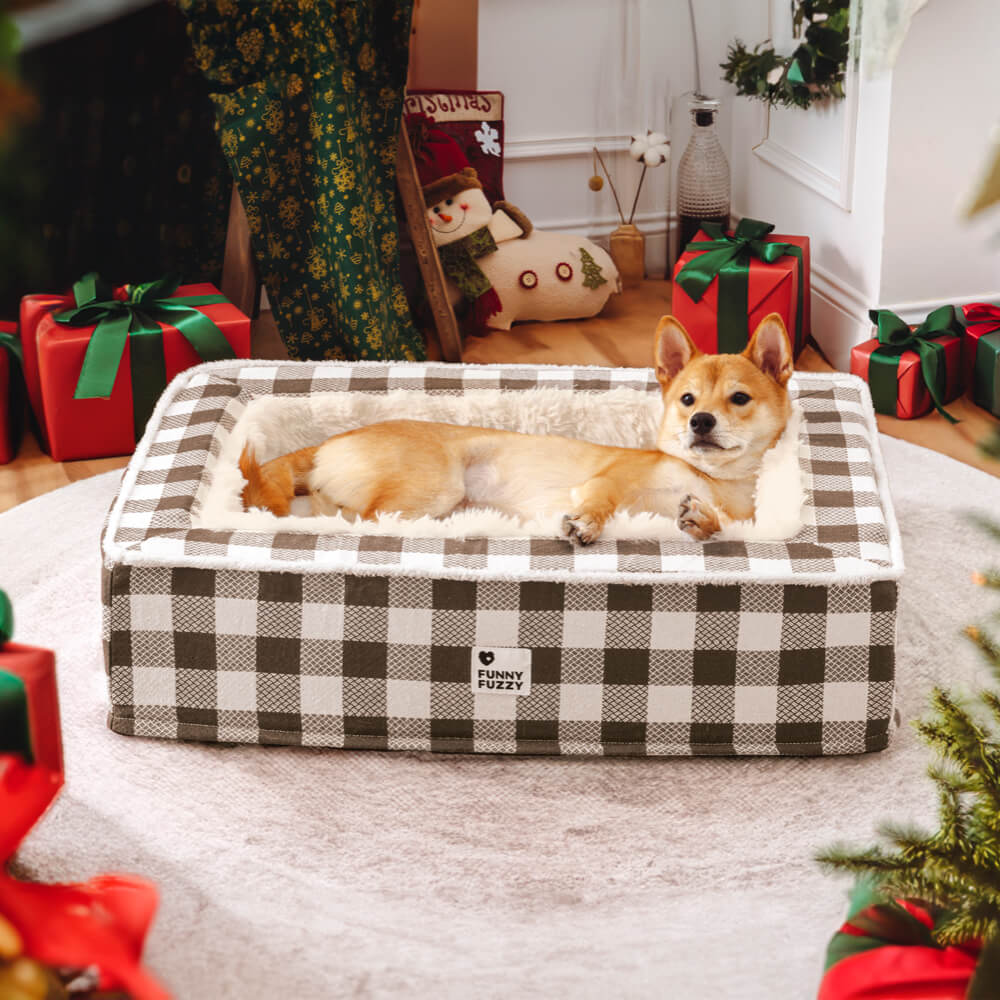 Plaid Raised-Edge Dog Bed with Memory Foam Bolster Support for Calming Sleep | Small to Extra Large Sizes | Classic Checkered Pattern Pet | Thomler