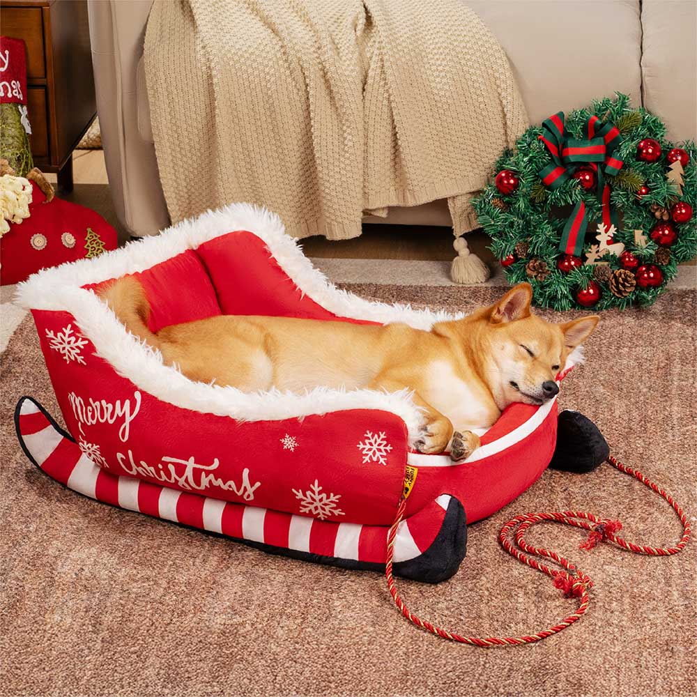 Holiday Sleigh Dog Bed with Plush Velvet Lining for Small to Large Dogs Winter Pet Lounger Christmas Decor | Thomler