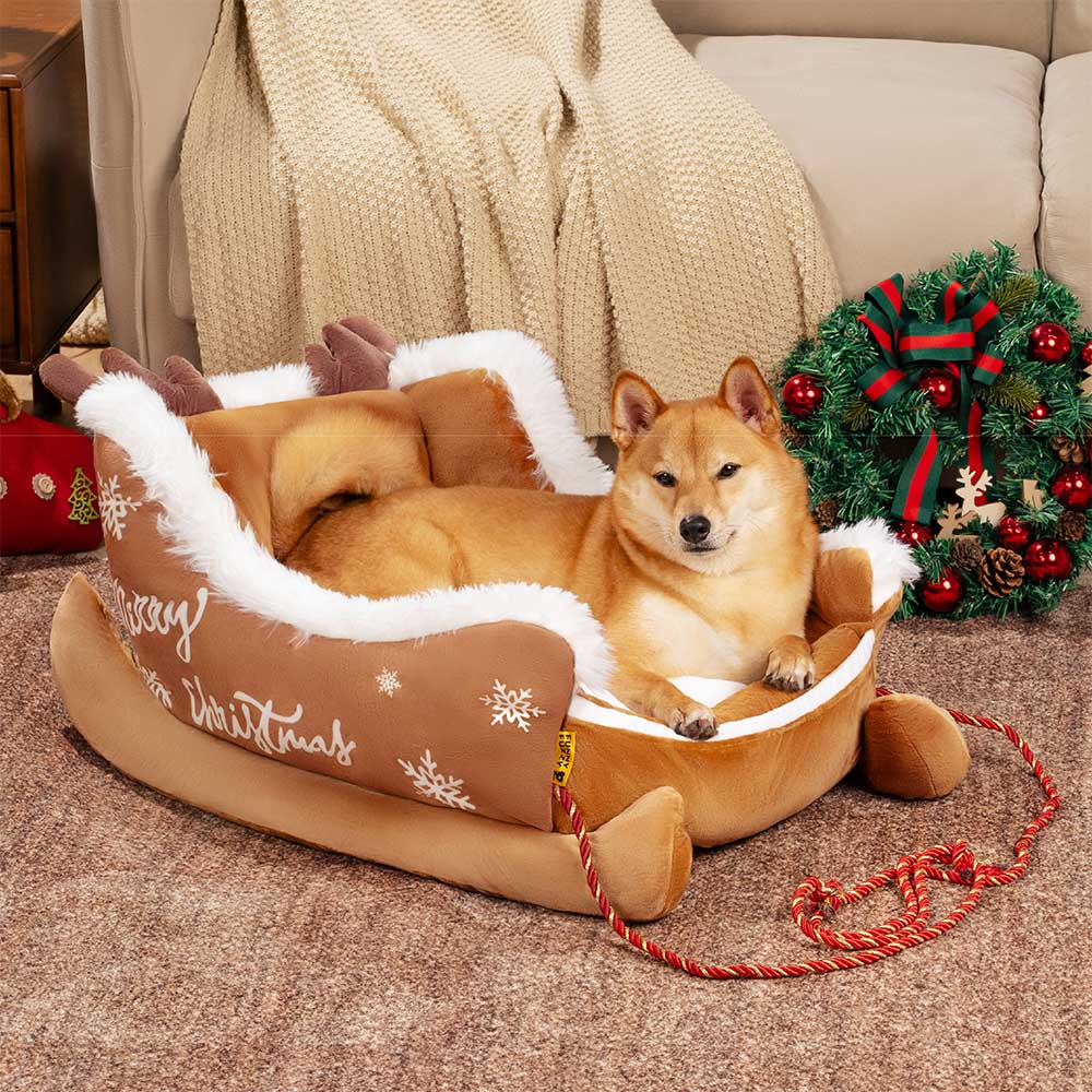 Holiday Sleigh Dog Bed with Plush Velvet Lining for Small to Large Dogs Winter Pet Lounger Christmas Decor | Thomler