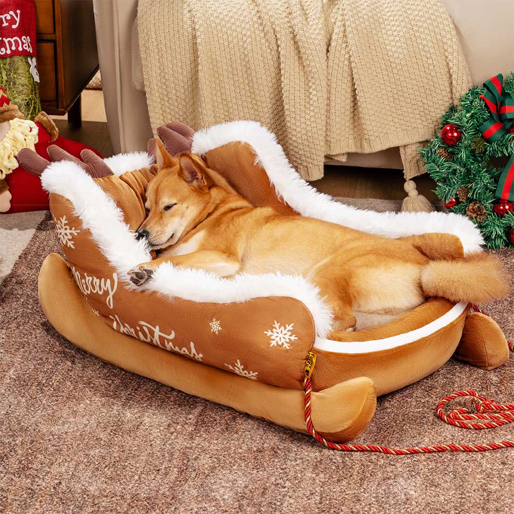 Holiday Sleigh Dog Bed with Plush Velvet Lining for Small to Large Dogs Winter Pet Lounger Christmas Decor | Thomler