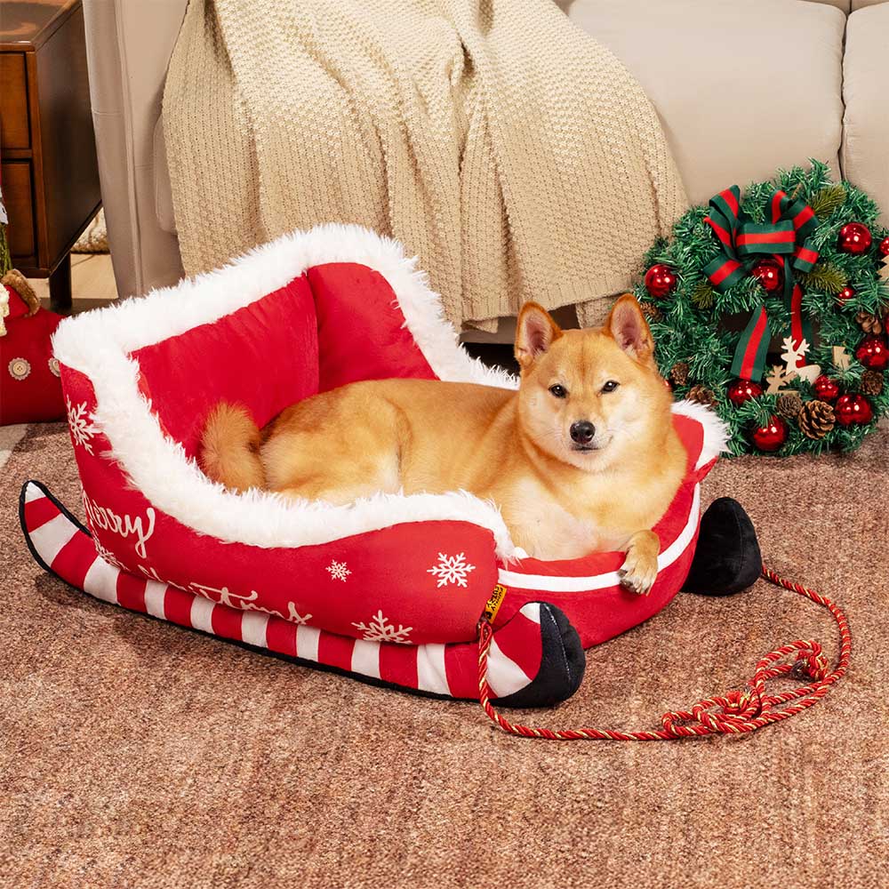 Holiday Sleigh Dog Bed with Plush Velvet Lining for Small to Large Dogs Winter Pet Lounger Christmas Decor | Thomler