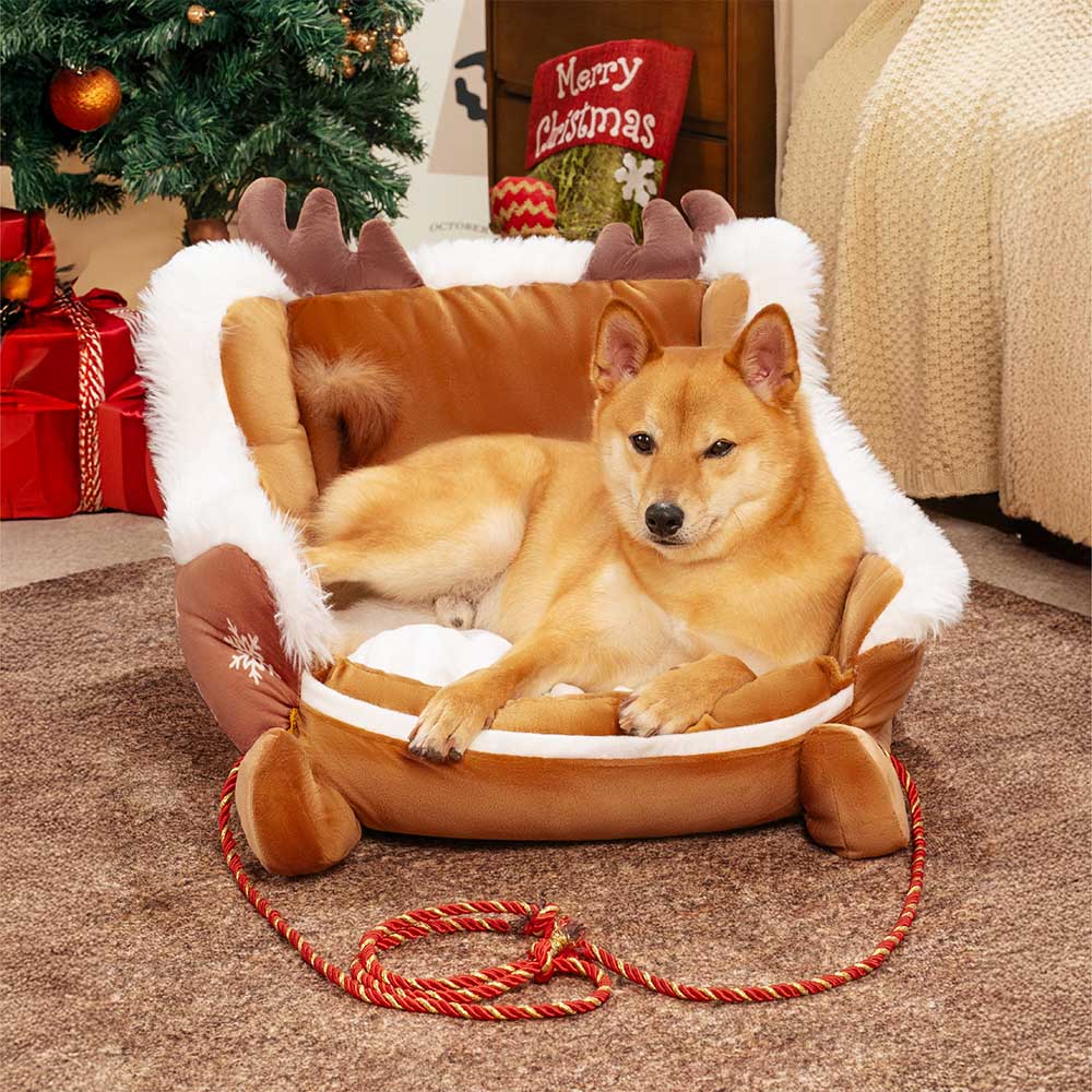 Holiday Sleigh Dog Bed with Plush Velvet Lining for Small to Large Dogs Winter Pet Lounger Christmas Decor | Thomler