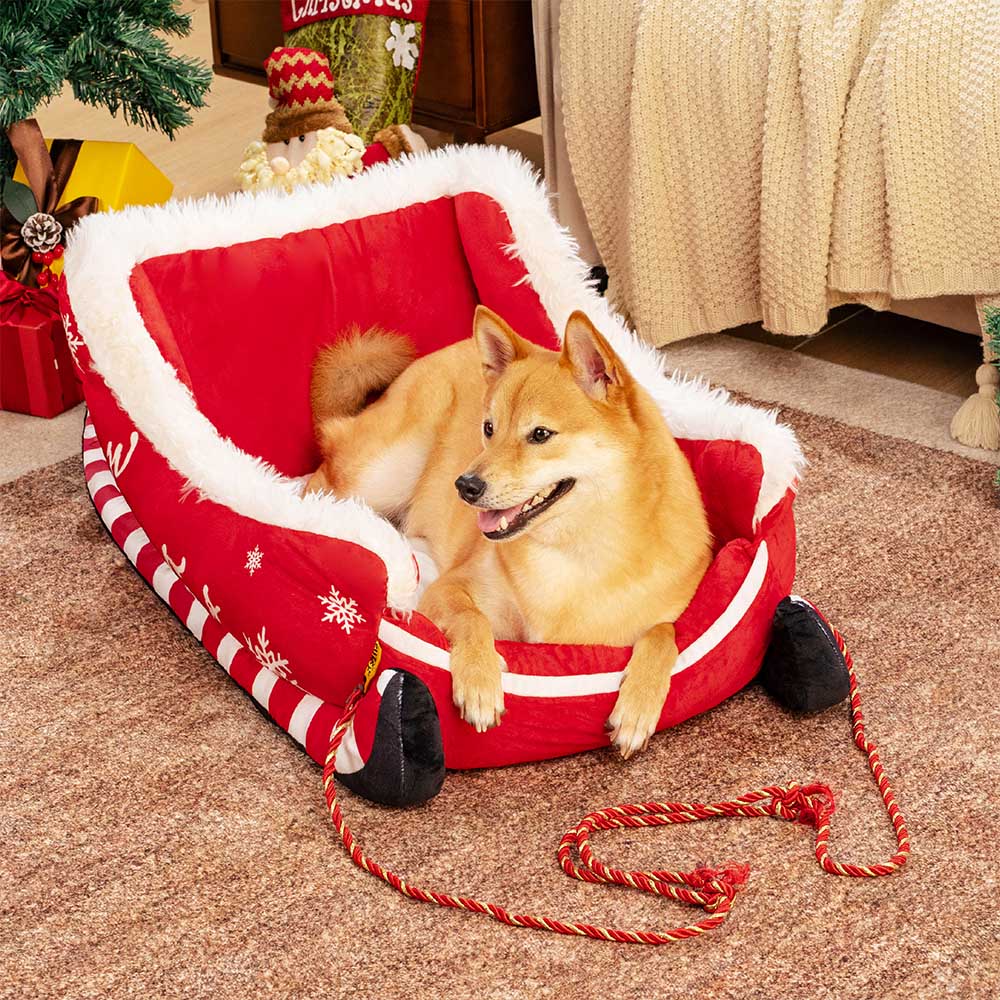 Holiday Sleigh Dog Bed with Plush Velvet Lining for Small to Large Dogs Winter Pet Lounger Christmas Decor | Thomler