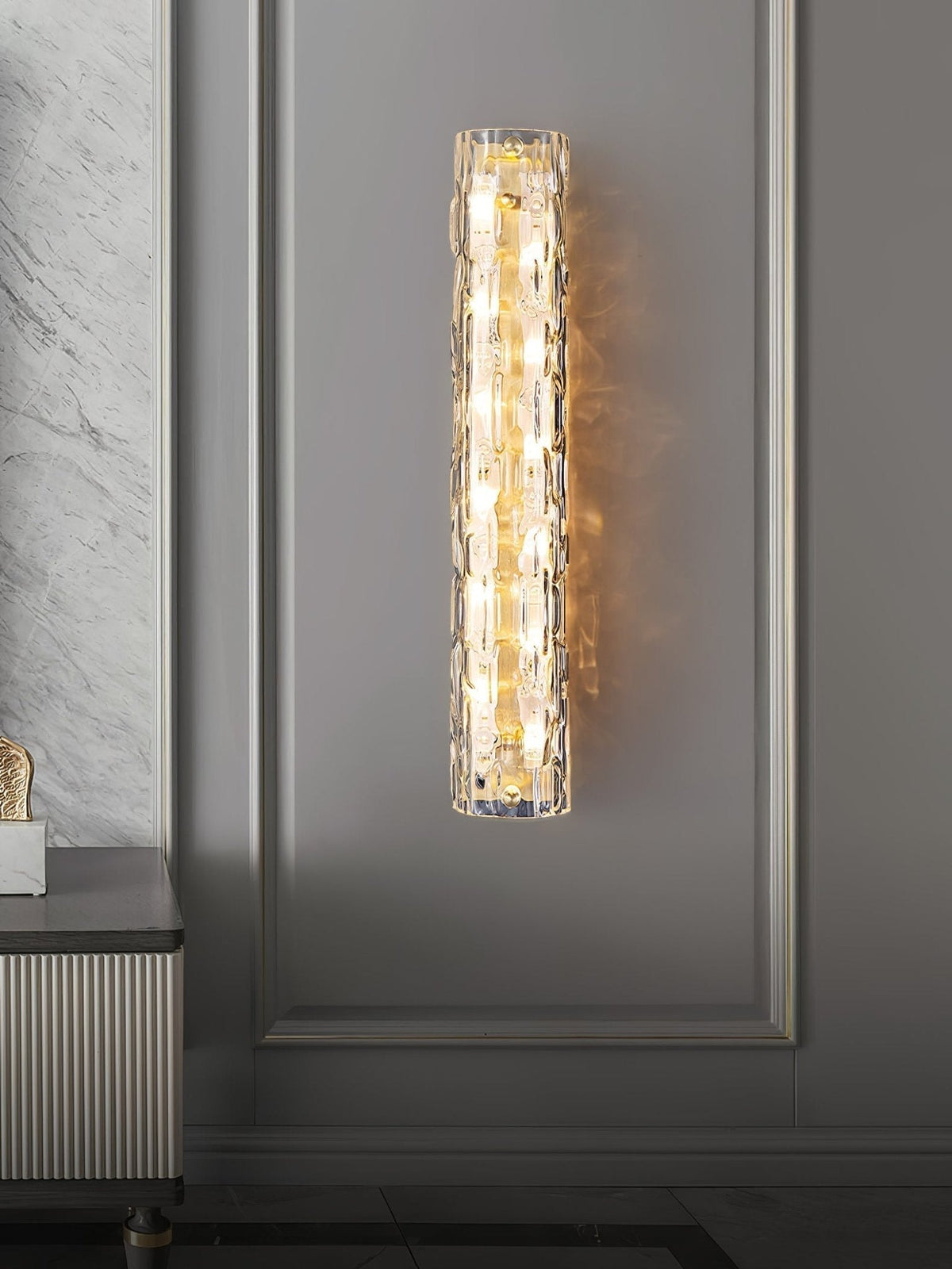 Contemporary Gold Brass & Glass Cylinder Wall Light for Indoor Living Spaces | Thomler