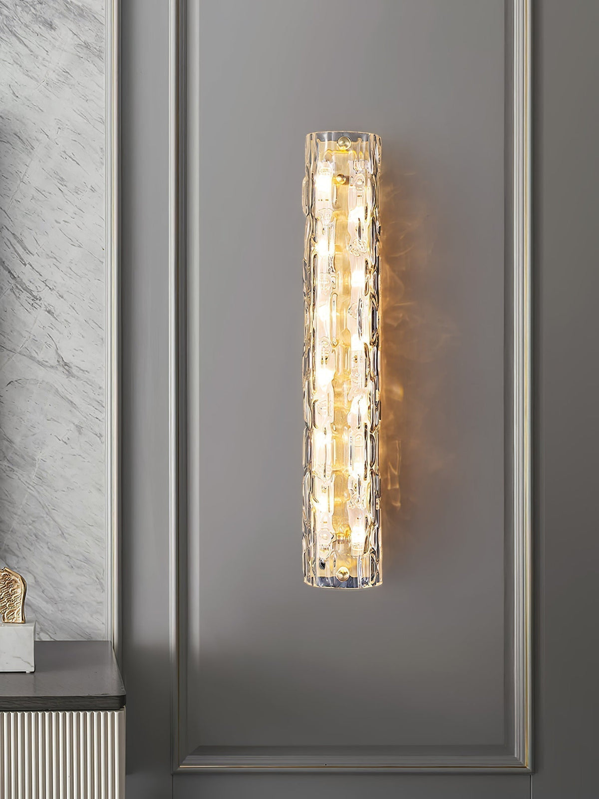 Contemporary Gold Brass & Glass Cylinder Wall Light for Indoor Living Spaces | Thomler