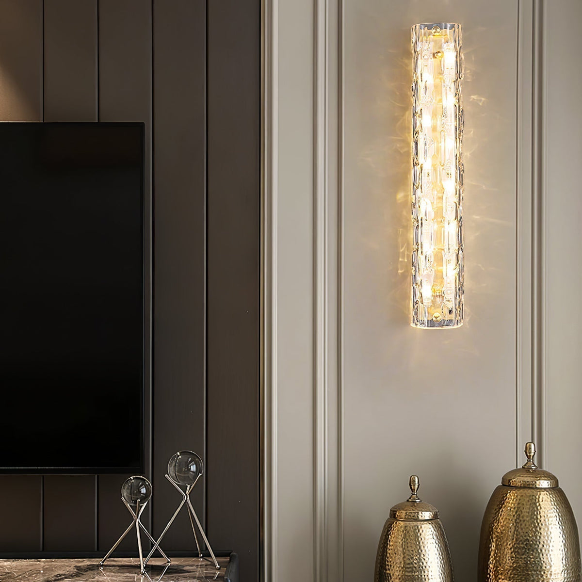 Contemporary Gold Brass & Glass Cylinder Wall Light for Indoor Living Spaces | Thomler