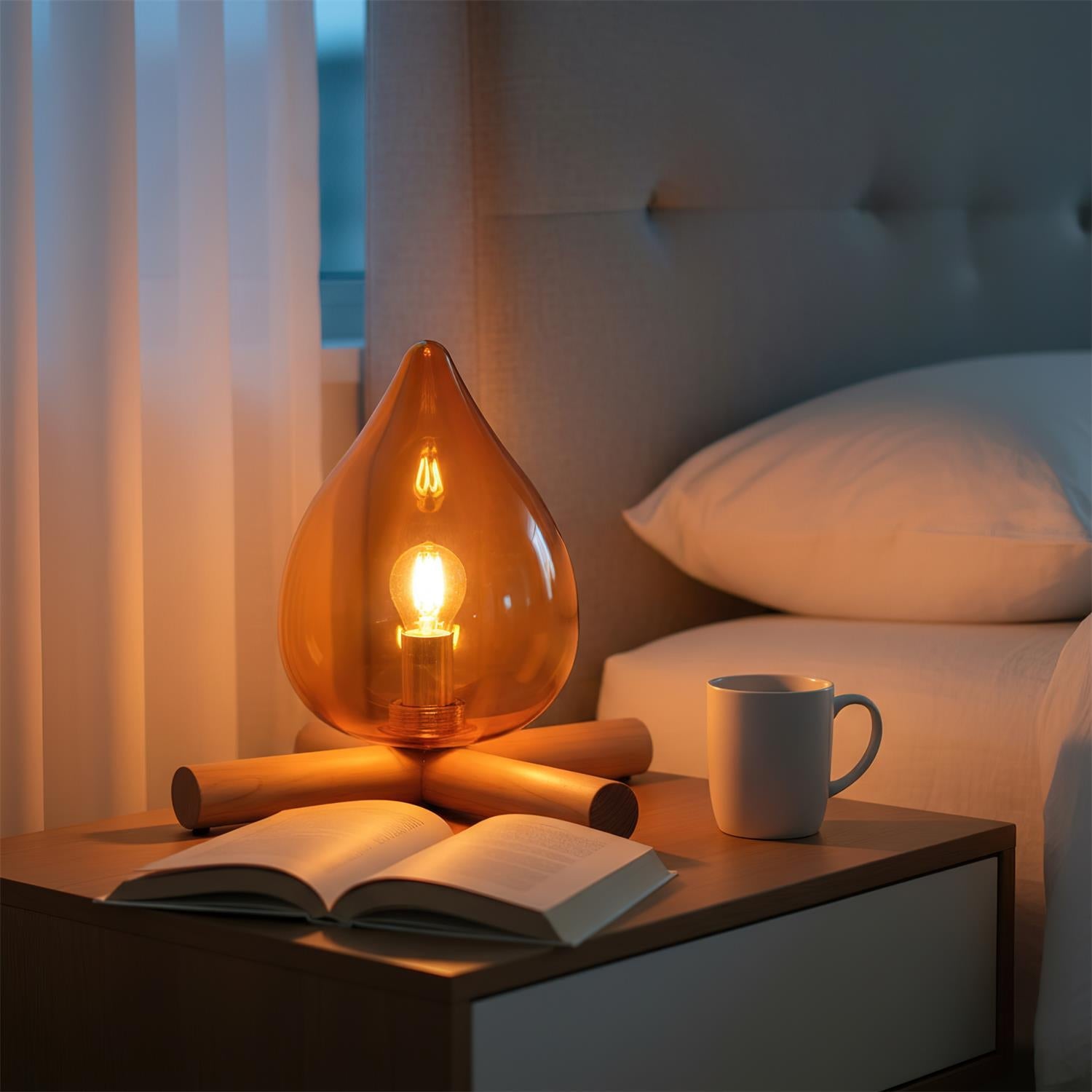 Table Lamp Wood Glass 11.8 in Orange Bedroom Desk Nightstand Ambient Lighting Three-Color Changing | Thomler