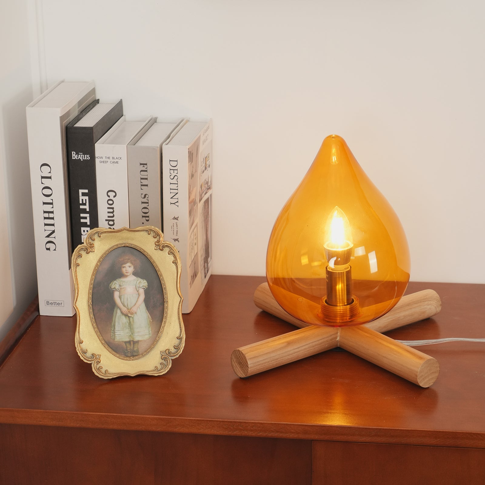 Table Lamp Wood Glass 11.8 in Orange Bedroom Desk Nightstand Ambient Lighting Three-Color Changing | Thomler