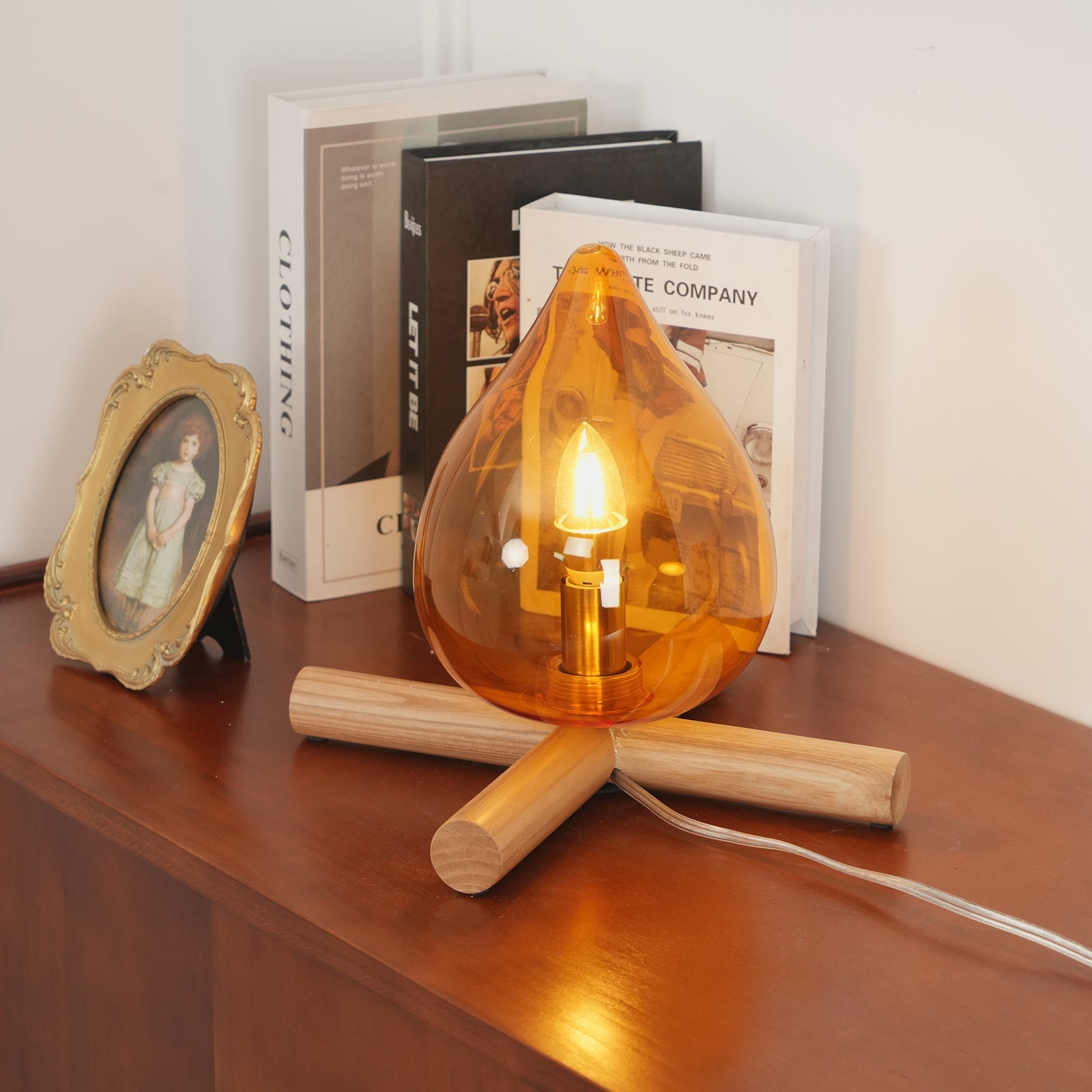 Table Lamp Wood Glass 11.8 in Orange Bedroom Desk Nightstand Ambient Lighting Three-Color Changing | Thomler