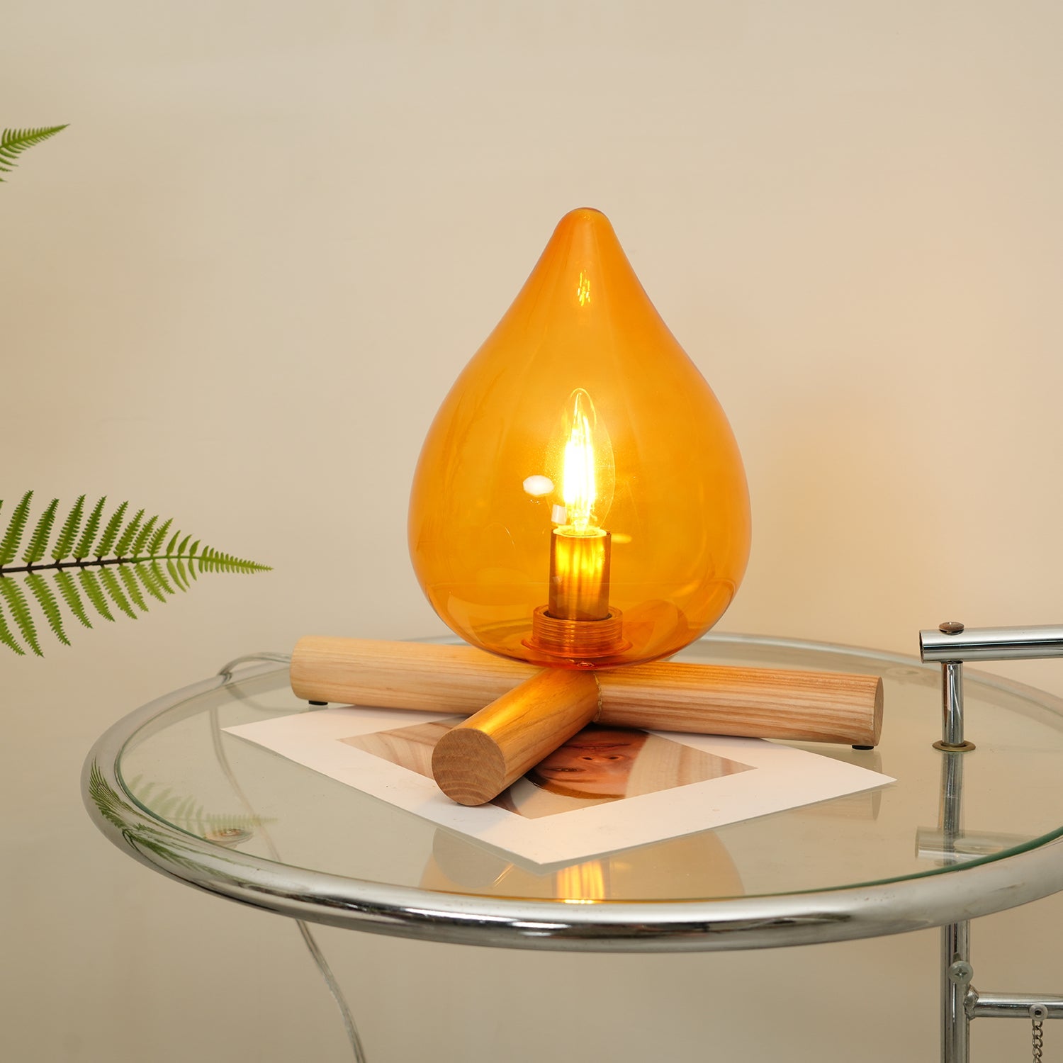 Table Lamp Wood Glass 11.8 in Orange Bedroom Desk Nightstand Ambient Lighting Three-Color Changing | Thomler